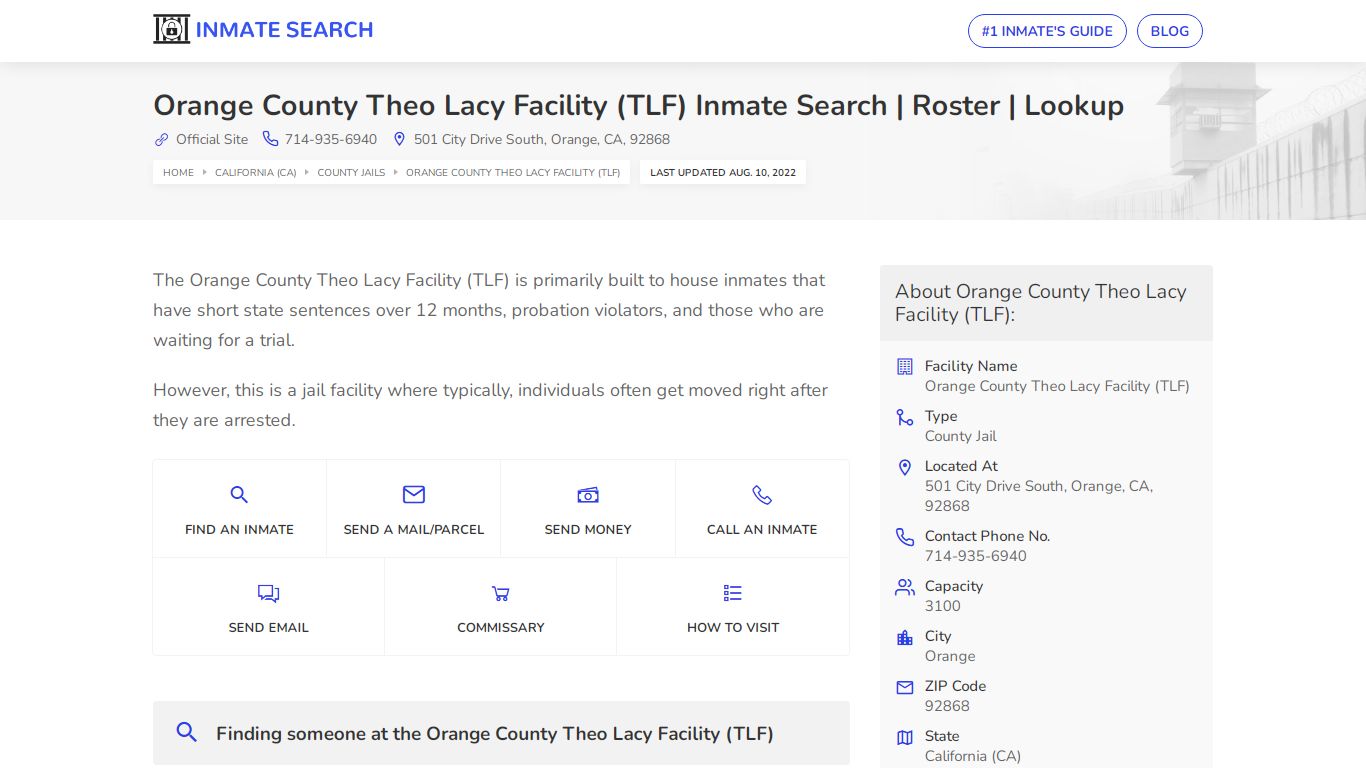Orange County Theo Lacy Facility (TLF) Inmate Search ...