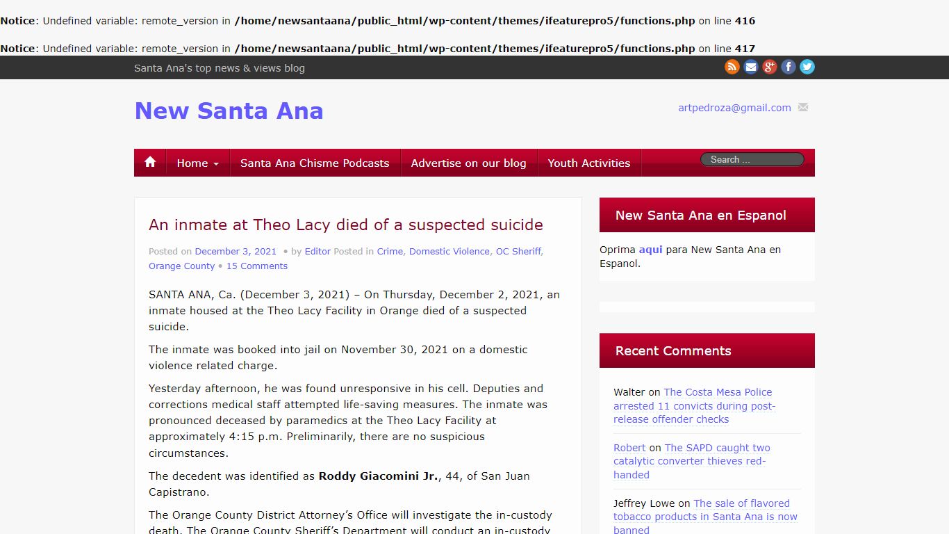 New Santa Ana | An inmate at Theo Lacy died of a suspected ...